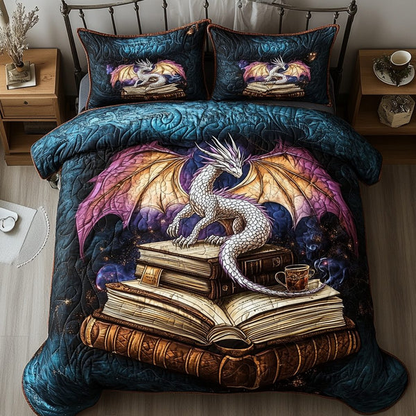 Mystic Library Dragon quilted 3-piece bedding set on a made bed with two matching pillow shams