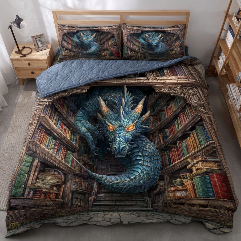 Mystic Library quilted 3-piece bedding set on a made bed with two matching pillow shams
