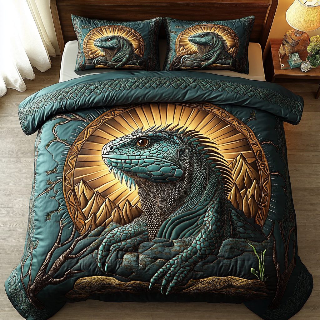 Mystic Lizard quilted 3-piece bedding set on a made bed with two matching pillow shams