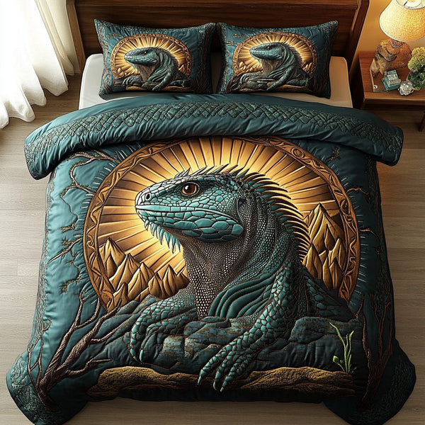 Mystic Lizard quilted 3-piece bedding set on a made bed with two matching pillow shams