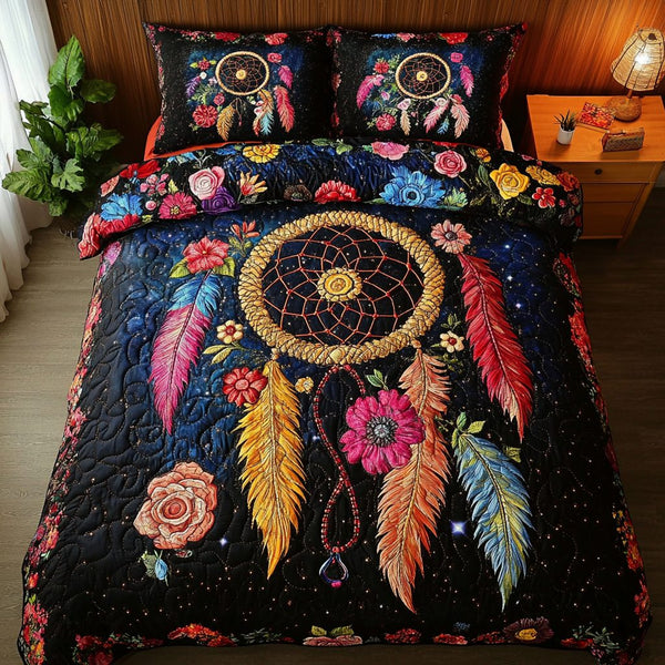 Mystic Loom quilted 3-piece bedding set on a made bed with two matching pillow shams