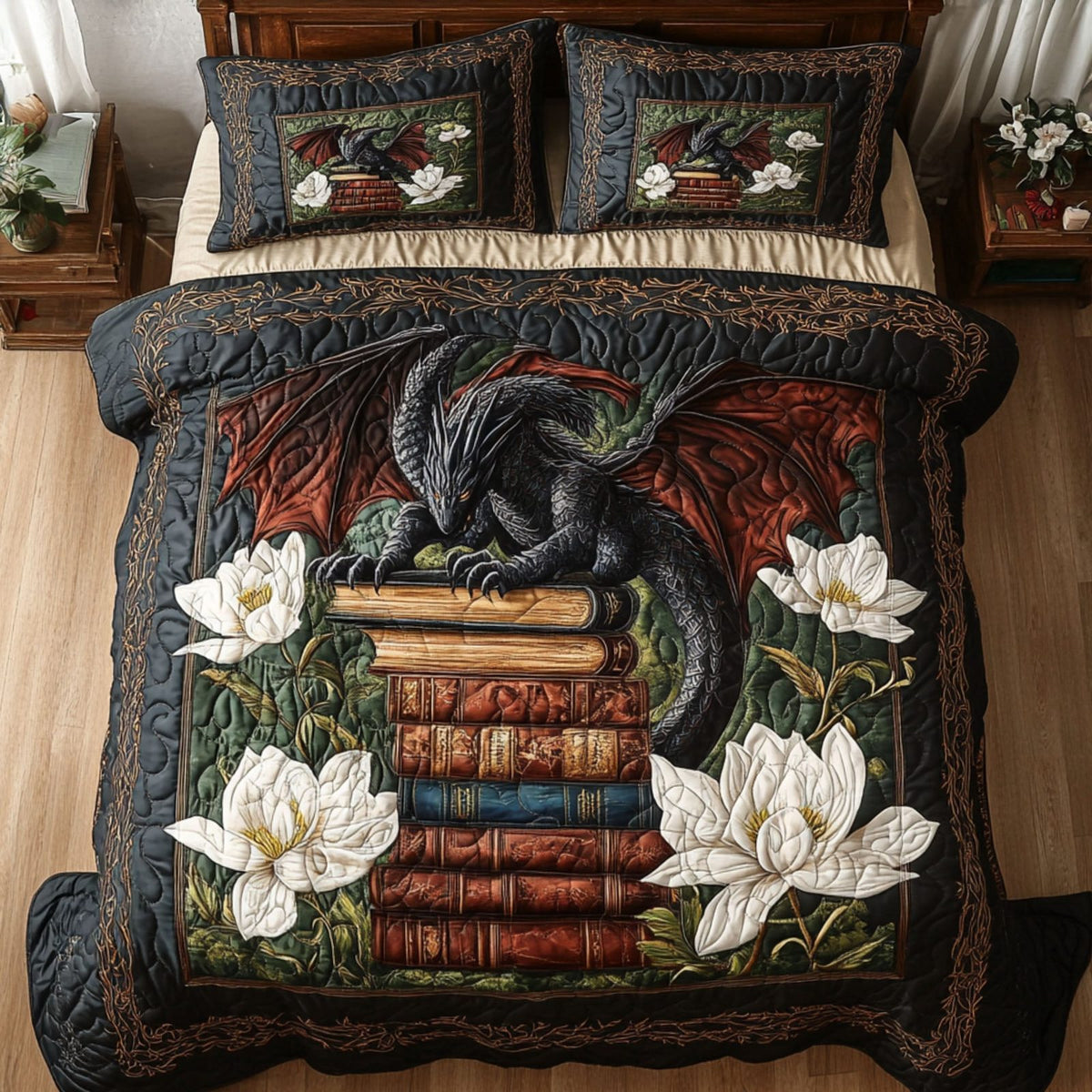Mystic Lorekeeper quilted 3-piece bedding set on a made bed with two matching pillow shams