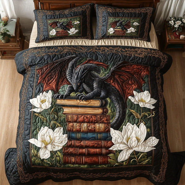 Mystic Lorekeeper quilted 3-piece bedding set on a made bed with two matching pillow shams