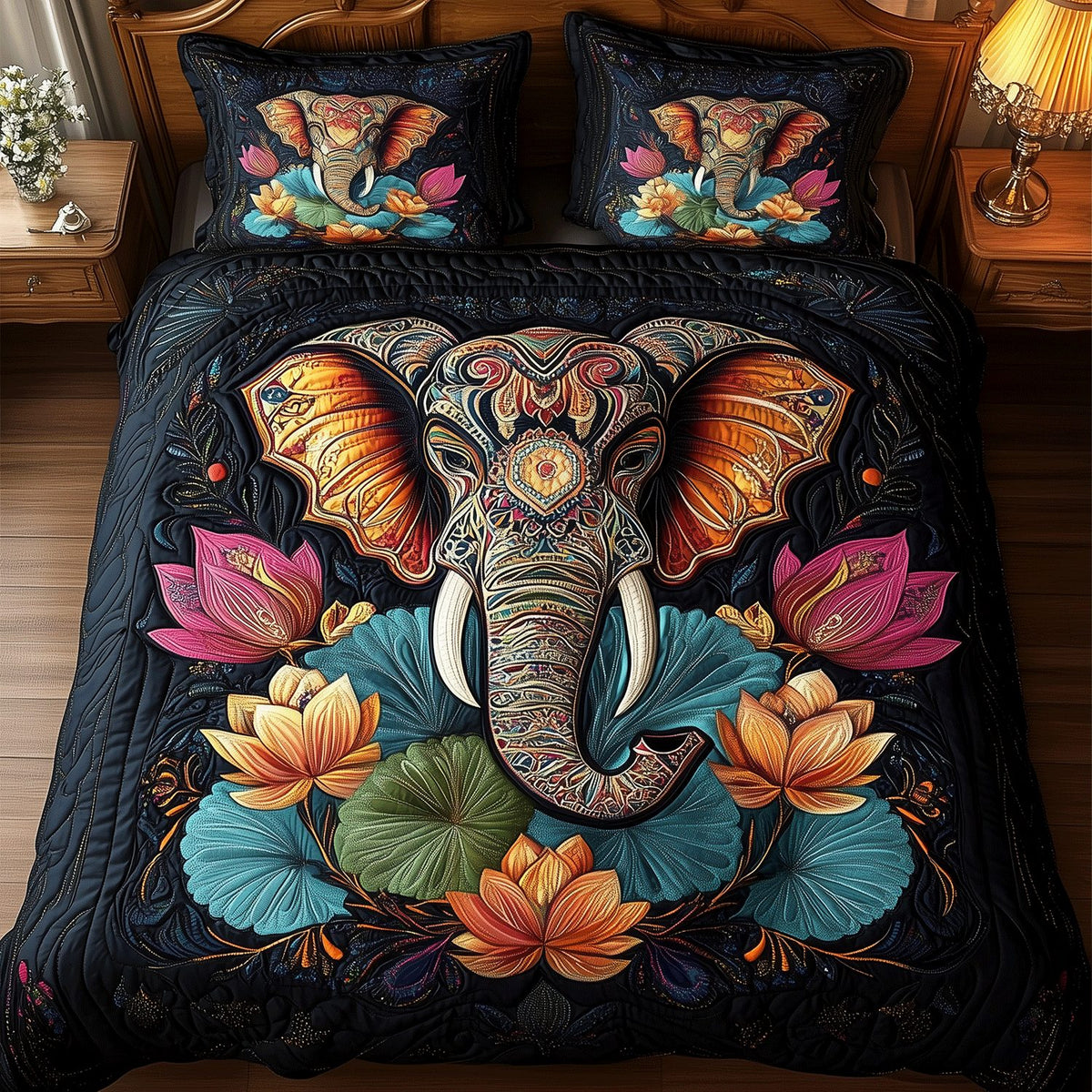 Mystic Lotus Elephant quilted 3-piece bedding set on a made bed with two matching pillow shams