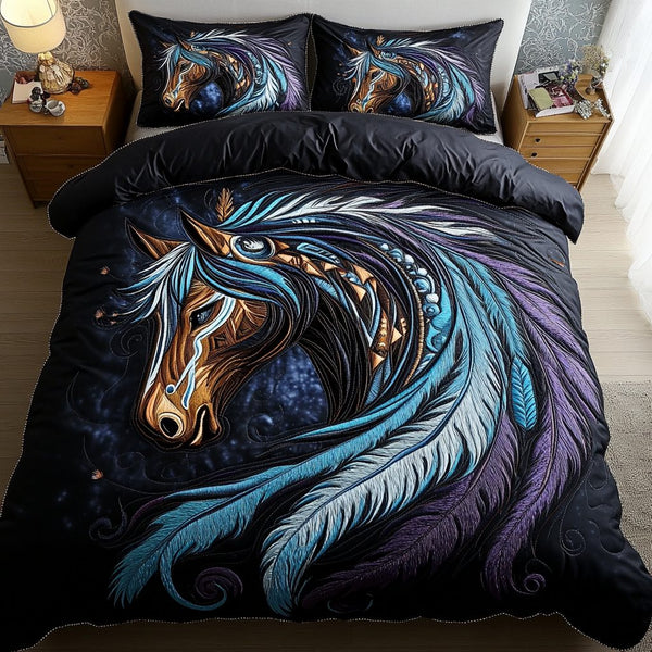 Mystic Mane quilted 3-piece bedding set on a made bed with two matching pillow shams