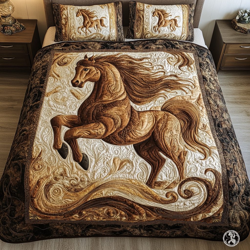 Mystic Mare quilted 3-piece bedding set on a made bed in a rustic timber bedroom