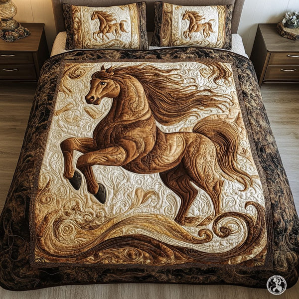 Mystic Mare quilted 3-piece bedding set on a made bed in a rustic timber bedroom