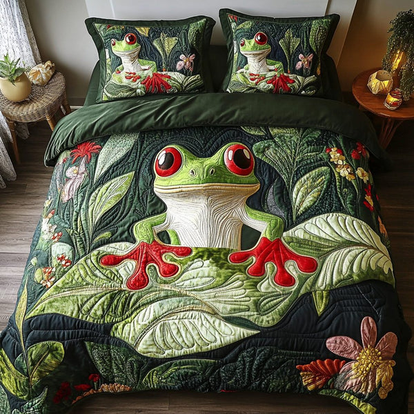 Mystic Marsh quilted 3-piece bedding set on a made bed with two matching pillow shams