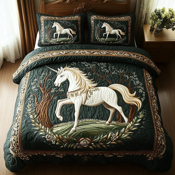 Mystic Meadow quilted 3-piece bedding set on a made bed with two matching pillow shams