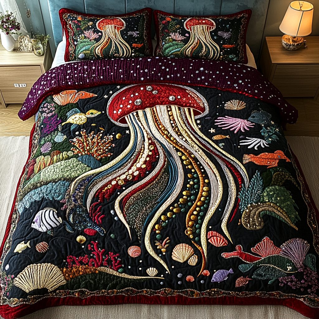 Mystic Medusa quilted 3-piece bedding set on a made bed with two matching pillow shams