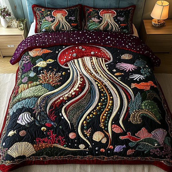 Mystic Medusa quilted 3-piece bedding set on a made bed with two matching pillow shams