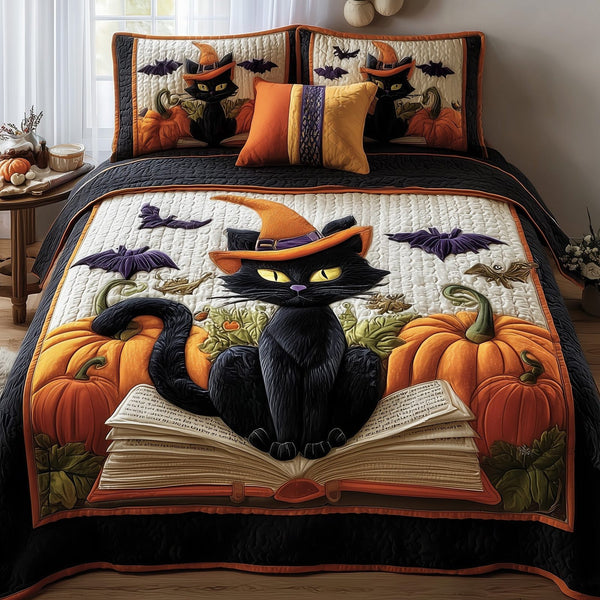 Mystic Meow quilted 3-piece bedding set on a made bed with two matching pillow shams