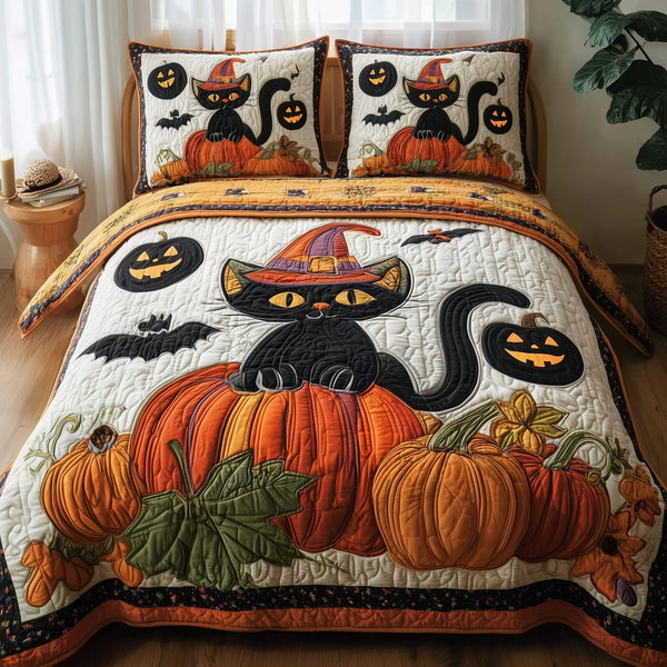 Mystic Meow quilted 3-piece bedding set on a made bed with two matching pillow shams