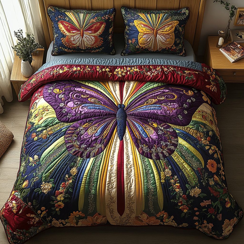 Mystic Monarch quilted 3-piece bedding set on a made bed with two matching pillow shams