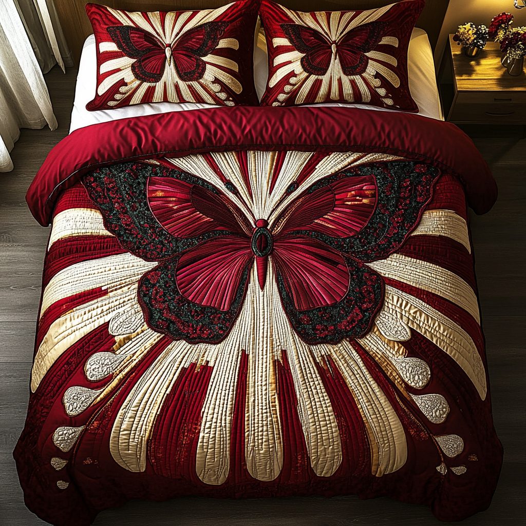 Mystic Monarch quilted 3-piece bedding set on a made bed with two matching pillow shams