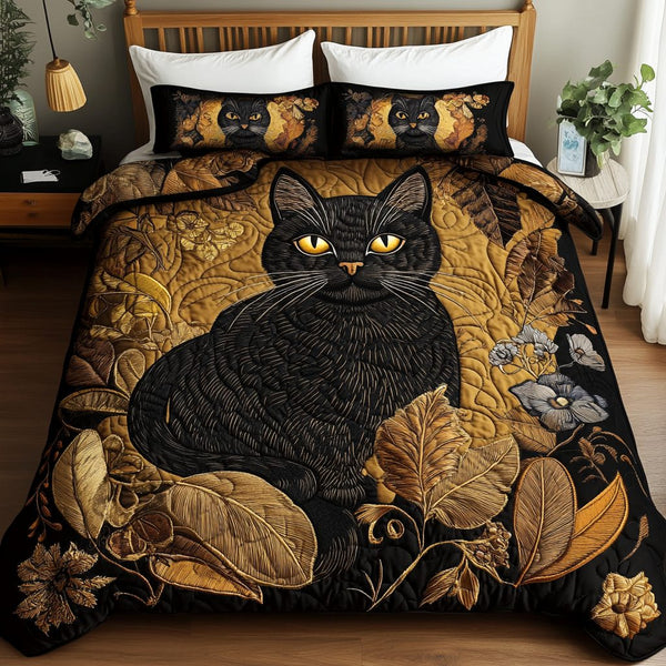 Mystic Moon Cat quilted 3-piece bedding set on a made bed with two matching pillow shams