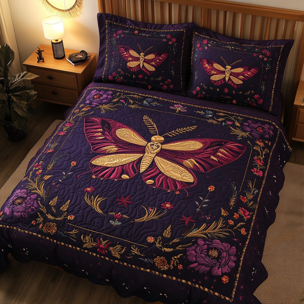 Mystic Moth quilted 3-piece bedding set on a made bed with two matching pillow shams