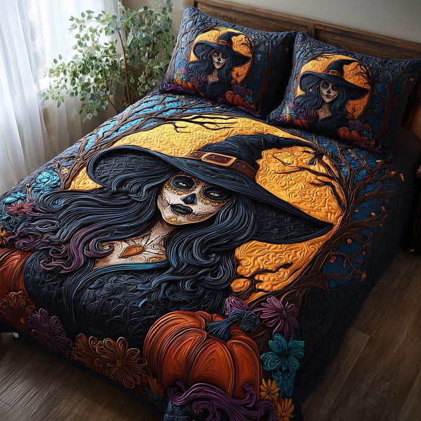 Mystic Muertos quilted 3-piece bedding set on a made bed with two matching pillow shams