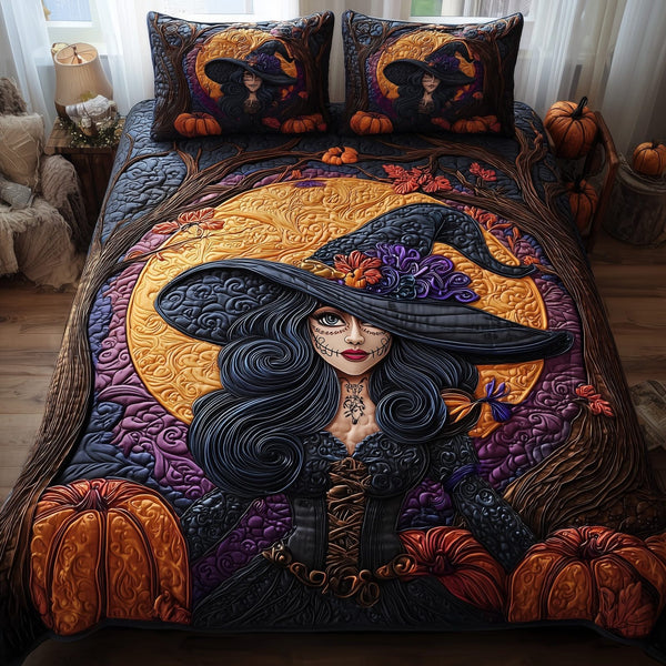 Mystic Muertos quilted 3-piece bedding set on a made bed with two matching pillow shams