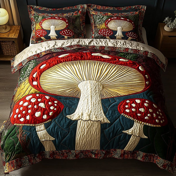 Mystic Mushroom quilted 3-piece bedding set on a made bed with two matching pillow shams