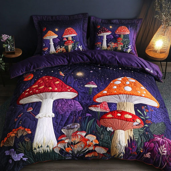 Mystic Mushroom quilted 3-piece bedding set on a made bed with two matching pillow shams