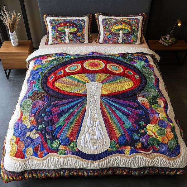Mystic Mushroom quilted 3-piece bedding set on a made bed with two matching pillow shams