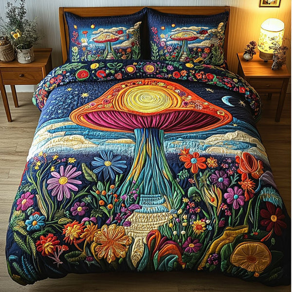 Mystic Mushrooms quilted 3-piece bedding set on a made bed with two matching pillow shams