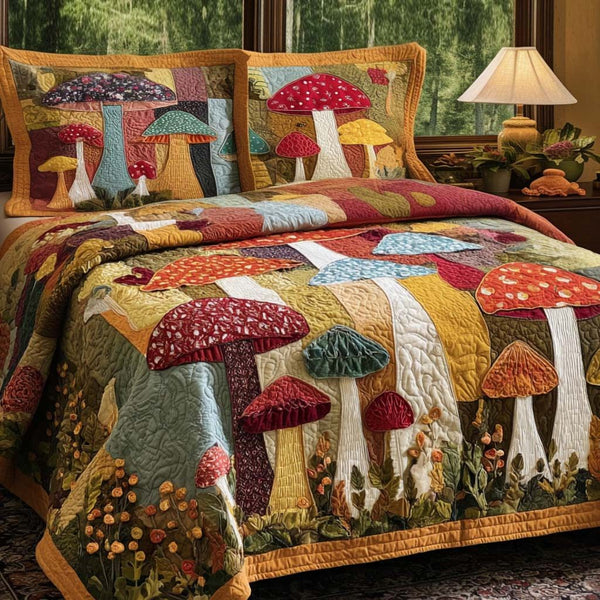 Mystic Mushrooms quilted 3-piece bedding set on a made bed with two matching pillow shams