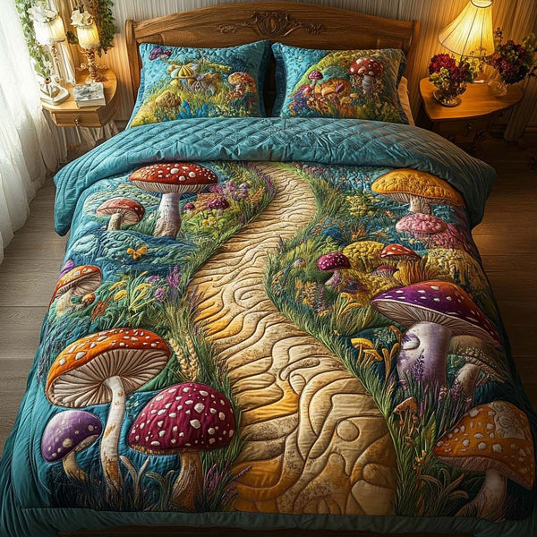 Mystic Mushrooms quilted 3-piece bedding set on a made bed with two matching pillow shams