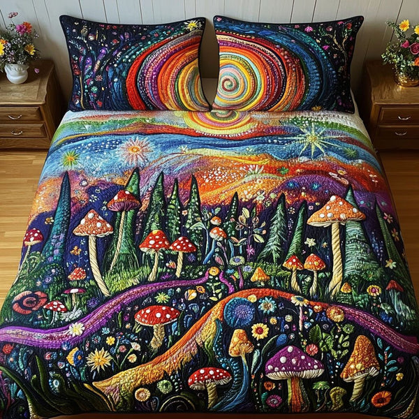 Mystic Mushrooms quilted 3-piece bedding set on a made bed with two matching pillow shams