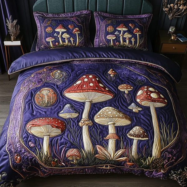 Mystic Mushrooms quilted 3-piece bedding set on a made bed with two matching pillow shams