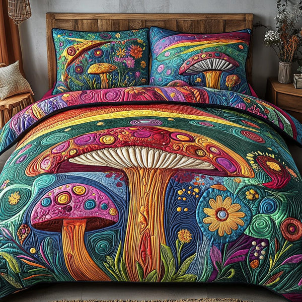 Mystic Mushrooms quilted 3-piece bedding set on a made bed with two matching pillow shams