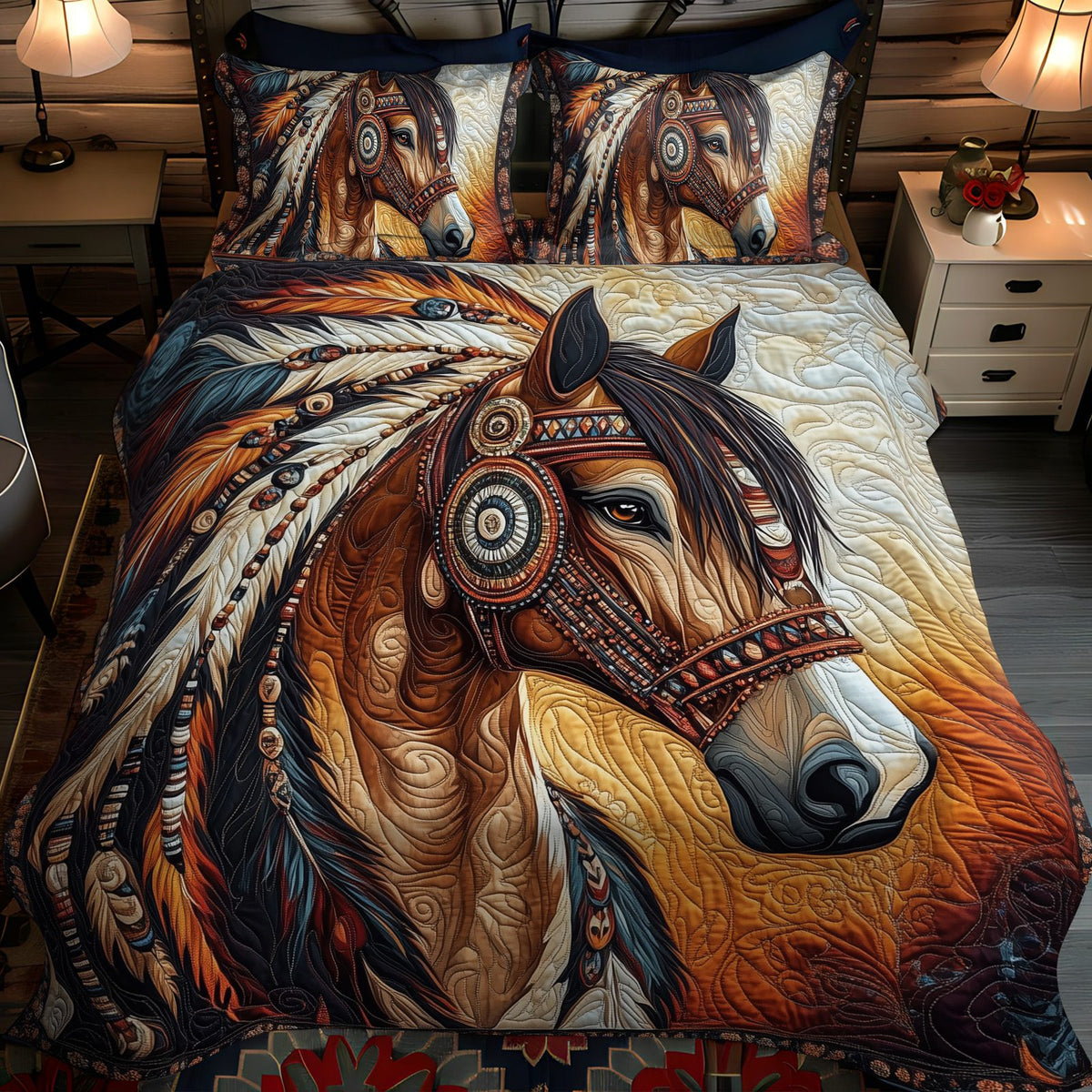 Mystic Mustang quilted 3-piece bedding set on a made bed with two matching pillow shams