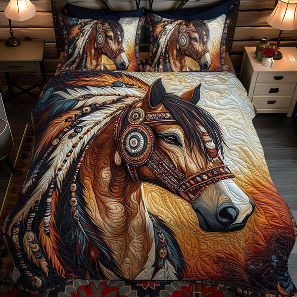 Mystic Mustang quilted 3-piece bedding set on a made bed with two matching pillow shams