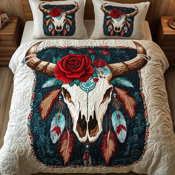 Mystic Native Longhorn quilted 3-piece bedding set on a made bed in a rustic timber bedroom