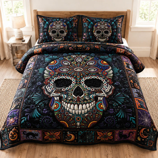 Mystic Neon Sugar Skull quilted 3-piece bedding set on a made bed against a dark styled interior