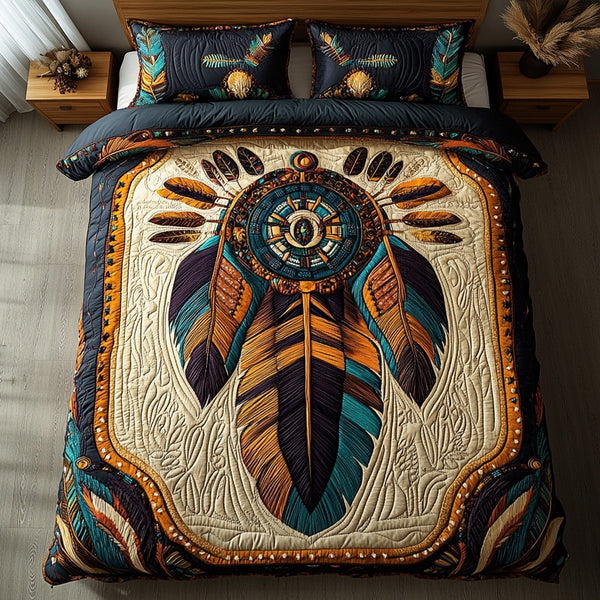 Mystic Night Shield quilted 3-piece bedding set on a made bed with two matching pillow shams