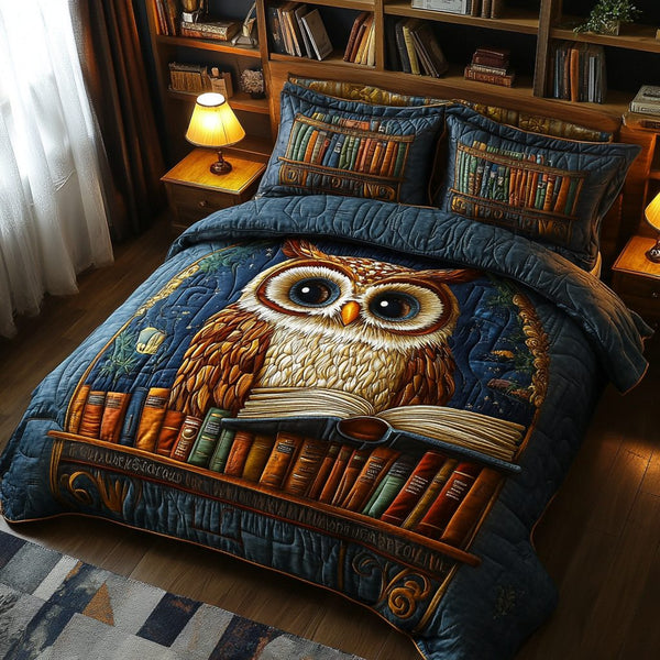 Mystic Owl quilted 3-piece bedding set on a made bed with two matching pillow shams