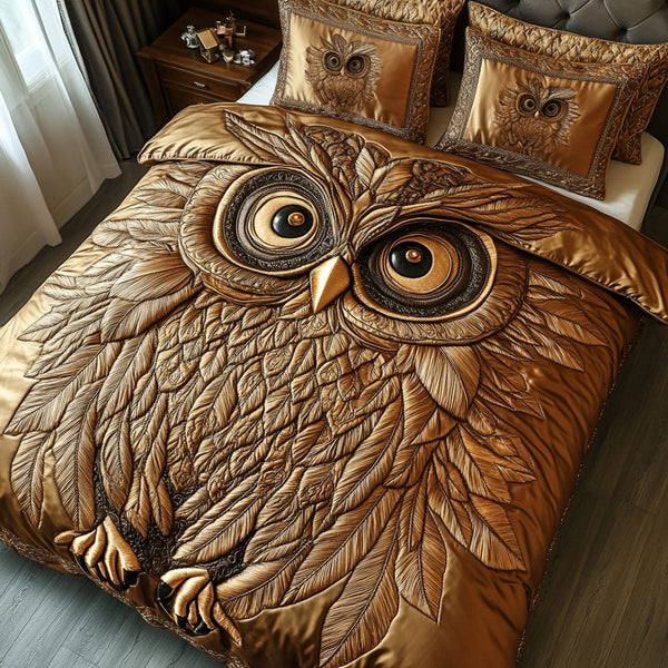 Mystic Owl quilted 3-piece bedding set on a made bed with two matching pillow shams