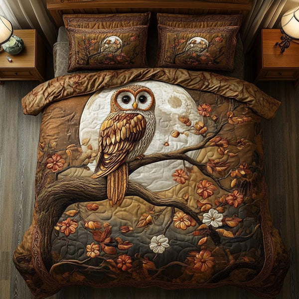 Mystic Owl quilted 3-piece bedding set on a made bed with two matching pillow shams