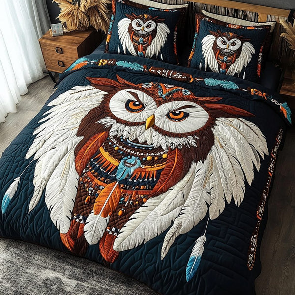 Mystic Owl quilted 3-piece bedding set on a made bed with two matching pillow shams