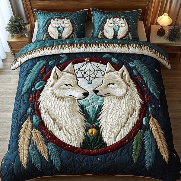 Mystic Pack quilted 3-piece bedding set on a made bed with two matching pillow shams