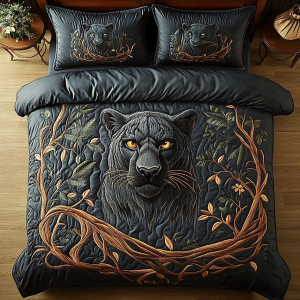 Mystic Panther Twilight quilted 3-piece bedding set on a made bed with two matching pillow shams