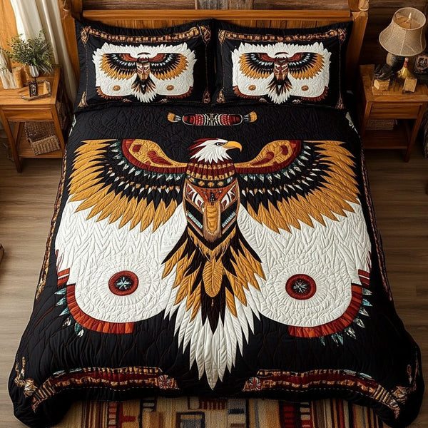 Mystic Paths quilted 3-piece bedding set on a made bed with two matching pillow shams