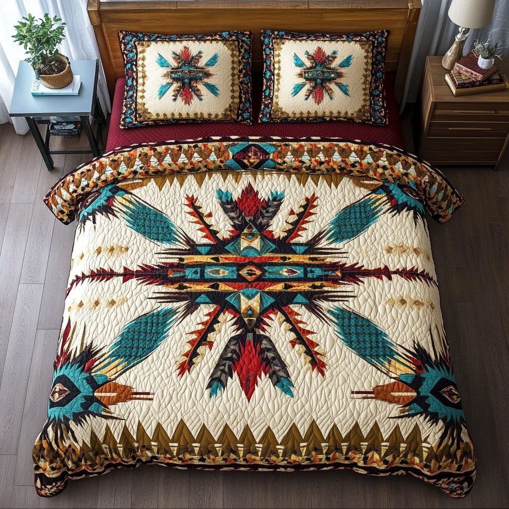 Mystic Pathways quilted 3-piece bedding set on a made bed with two matching pillow shams