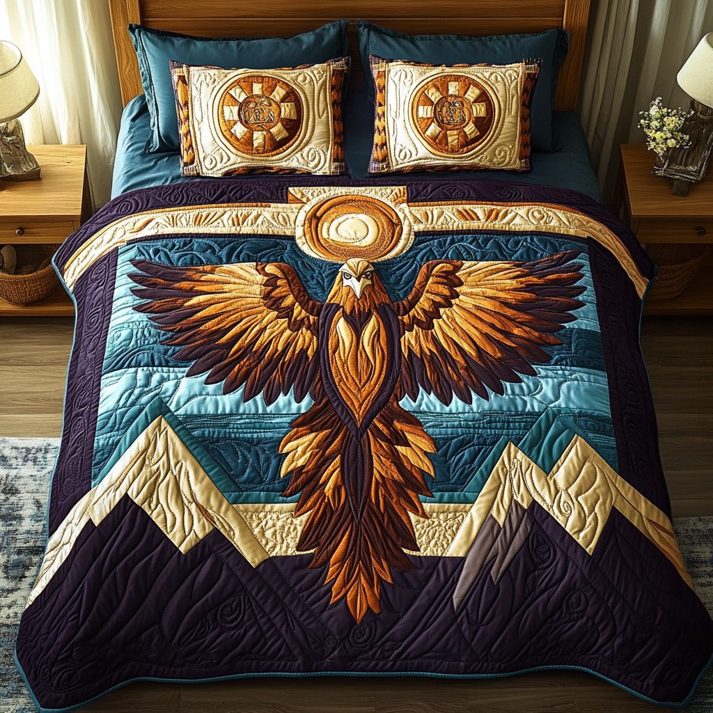 Mystic Phoenix quilted 3-piece bedding set on a made bed with two matching pillow shams