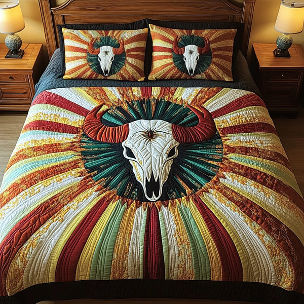 Mystic Plains quilted 3-piece bedding set on a made bed with two matching pillow shams