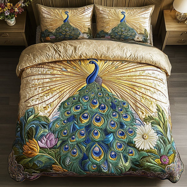 Mystic Plumage quilted 3-piece bedding set on a made bed with two matching pillow shams