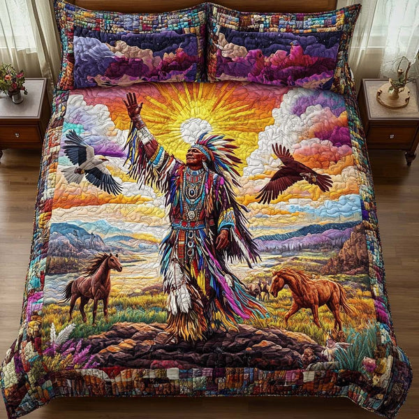 Mystic Prairie quilted 3-piece bedding set on a made bed in a rustic timber bedroom