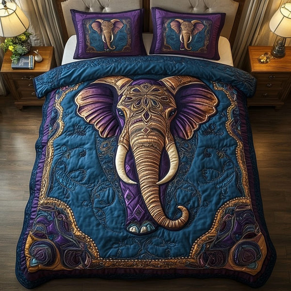 Mystic Purple quilted 3-piece bedding set on a made bed with two matching pillow shams